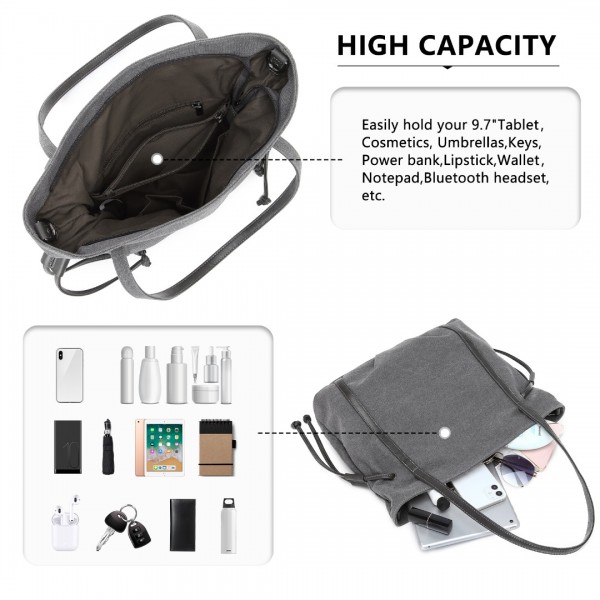 EH2220 - Kono Large Capacity Canvas And Leather Fusion Shoulder Tote Bag - Grey