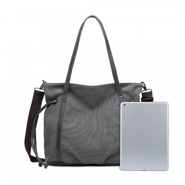 EH2220 - Kono Large Capacity Canvas And Leather Fusion Shoulder Tote Bag - Grey