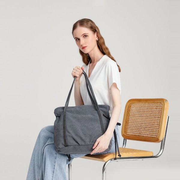 EH2220 - Kono Large Capacity Canvas And Leather Fusion Shoulder Tote Bag - Grey