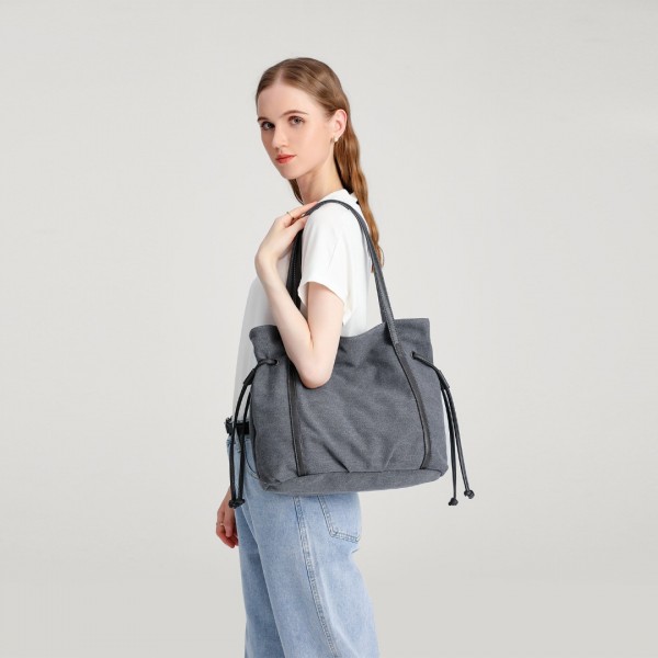 EH2220 - Kono Large Capacity Canvas And Leather Fusion Shoulder Tote Bag - Grey