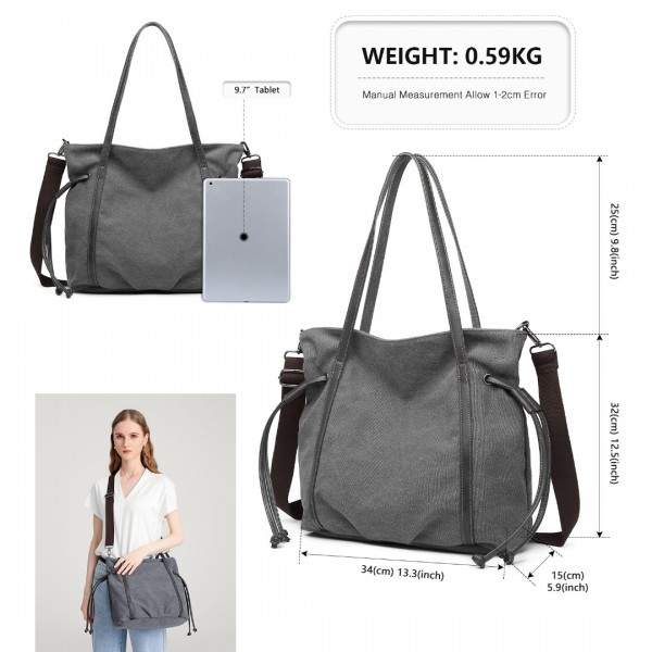 EH2220 - Kono Large Capacity Canvas And Leather Fusion Shoulder Tote Bag - Grey