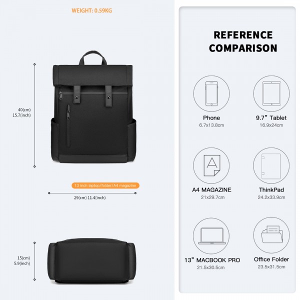 EM2114 - Kono Waterproof Large Capacity School Laptop Backpack - Black