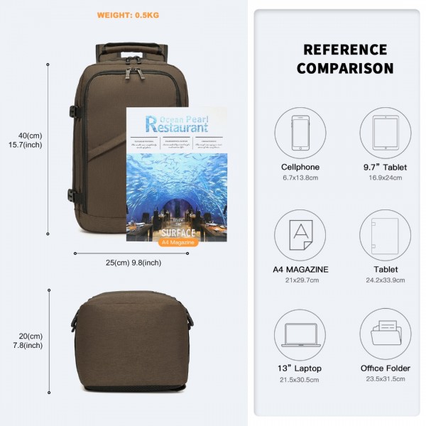 EM2231 - Kono Lightweight Cabin Bag Travel Business Backpack - Brown