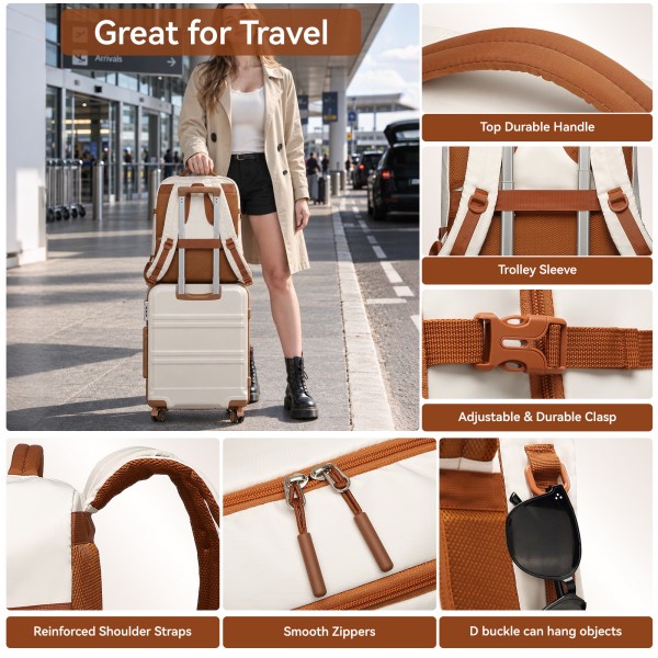 EM2413 - Kono Premium Carry-On Travel Backpack with Suitcase-Style Opening Multi-Level High-Capacity Cabin Bag - Beige And Brown