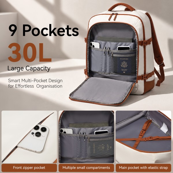 EM2413 - Kono Premium Carry-On Travel Backpack with Suitcase-Style Opening Multi-Level High-Capacity Cabin Bag - Beige And Brown