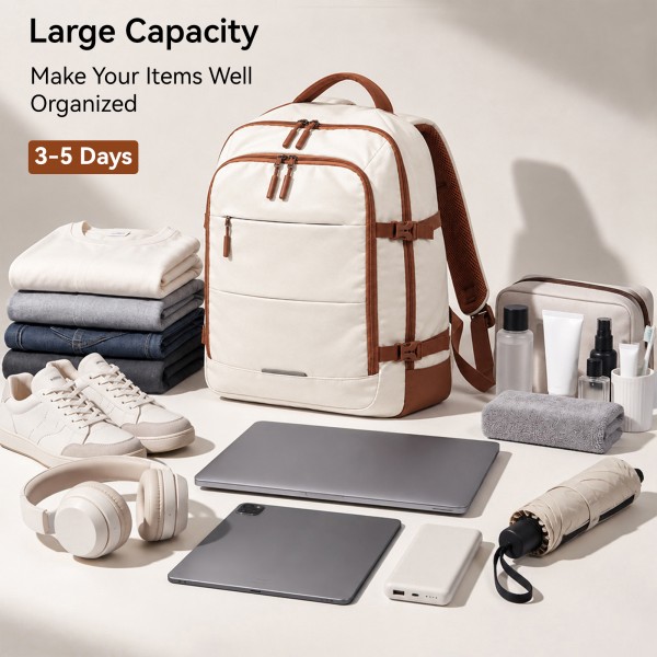 EM2413 - Kono Premium Carry-On Travel Backpack with Suitcase-Style Opening Multi-Level High-Capacity Cabin Bag - Beige And Brown