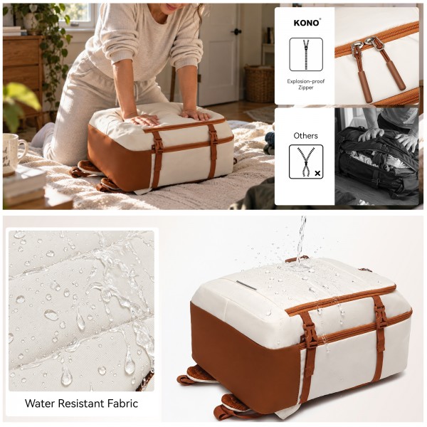 EM2413 - Kono Premium Carry-On Travel Backpack with Suitcase-Style Opening Multi-Level High-Capacity Cabin Bag - Beige And Brown