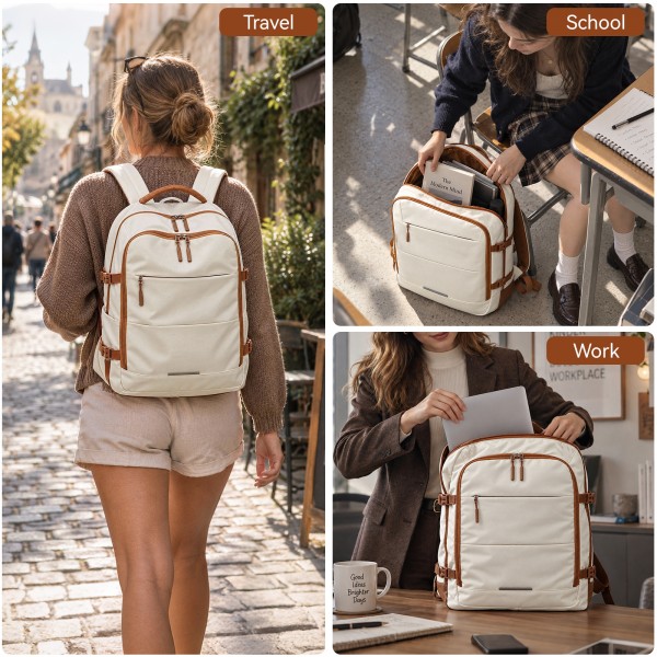EM2413 - Kono Premium Carry-On Travel Backpack with Suitcase-Style Opening Multi-Level High-Capacity Cabin Bag - Beige And Brown