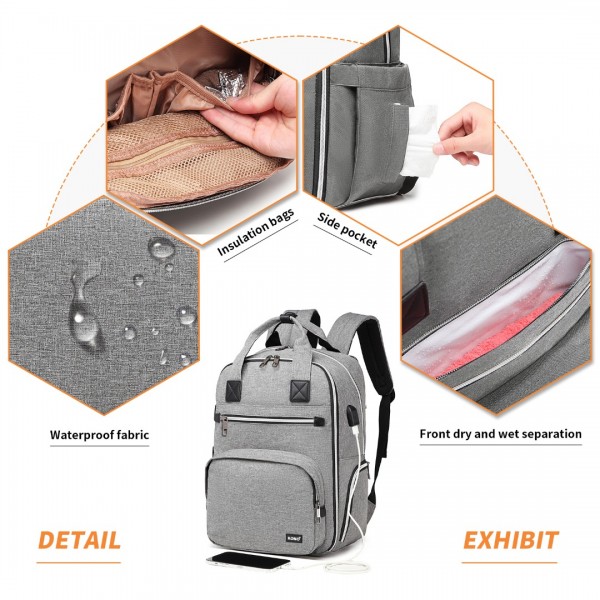 EQ2039 - Kono Classic Multi Functional Changing Backpack With USB Charging Interface - Grey