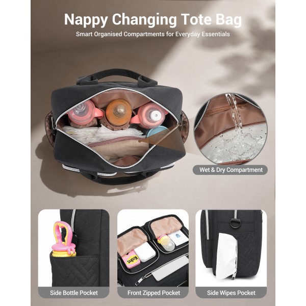 EQ2248 - Kono Durable And Functional Changing Tote Bag - Black