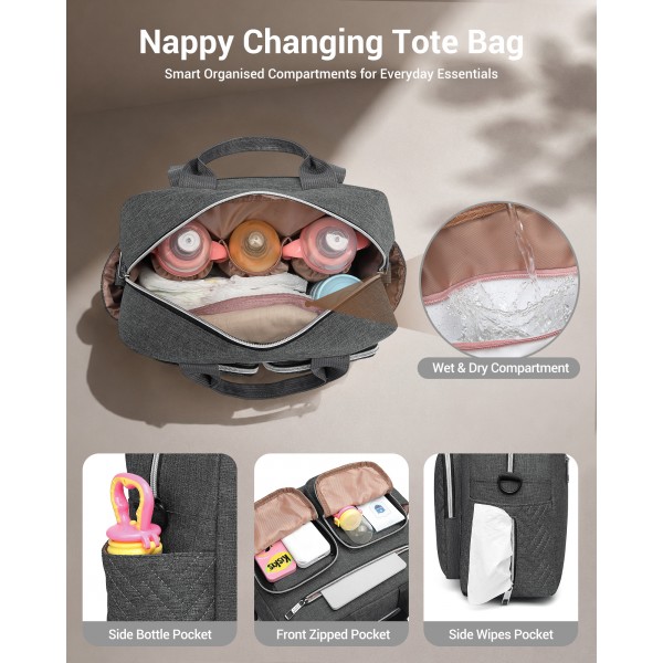 EQ2248 - Kono Durable And Functional Changing Tote Bag - Dark Grey