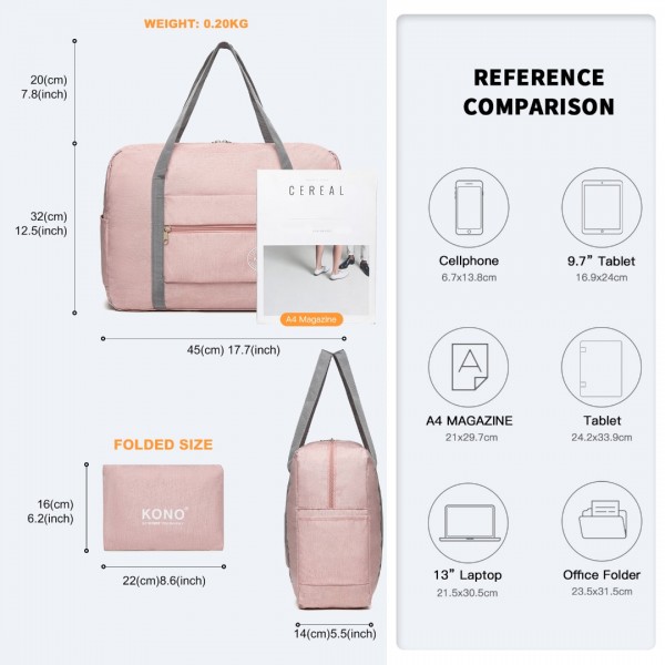 EQ2256 - Kono Foldable Waterproof Storage Travel Handbag - Pink