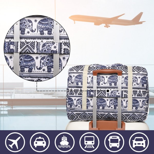 EQ2308E - Kono Foldable Waterproof Storage Cabin Travel Handbag Elephant Print - Navy And Beige