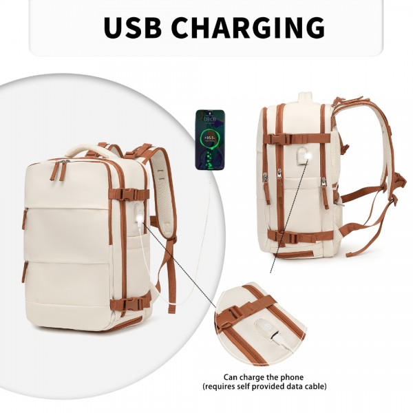 EQ2344 - Kono Multi-Functional Breathable Travel Backpack With USB Charging Port And Separate Shoe Compartment - Beige And Brown