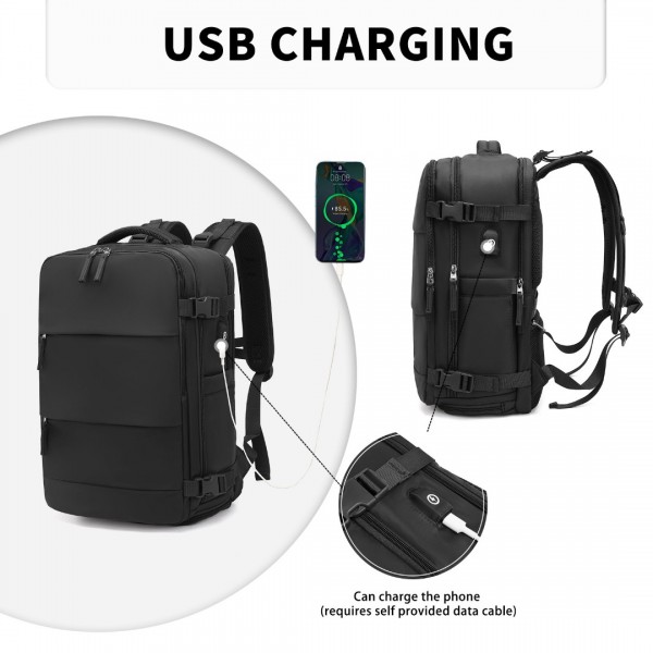 EQ2344 - Kono Multi-Functional Breathable Travel Backpack With USB Charging Port And Separate Shoe Compartment - Black