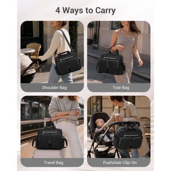 EQ2411 - Kono Versatile Diaper Changing Tote Bag with Built-In Changing Mat Thermal Insulation Waterproof Design - Black