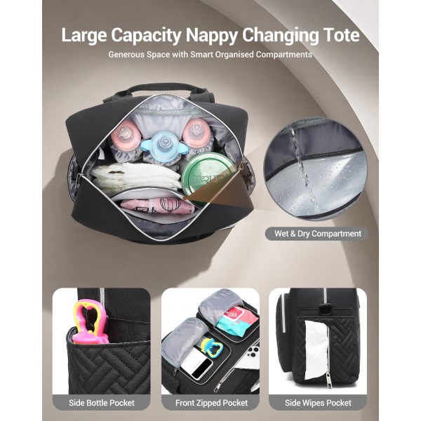 EQ2411 - Kono Versatile Diaper Changing Tote Bag with Built-In Changing Mat Thermal Insulation Waterproof Design - Black