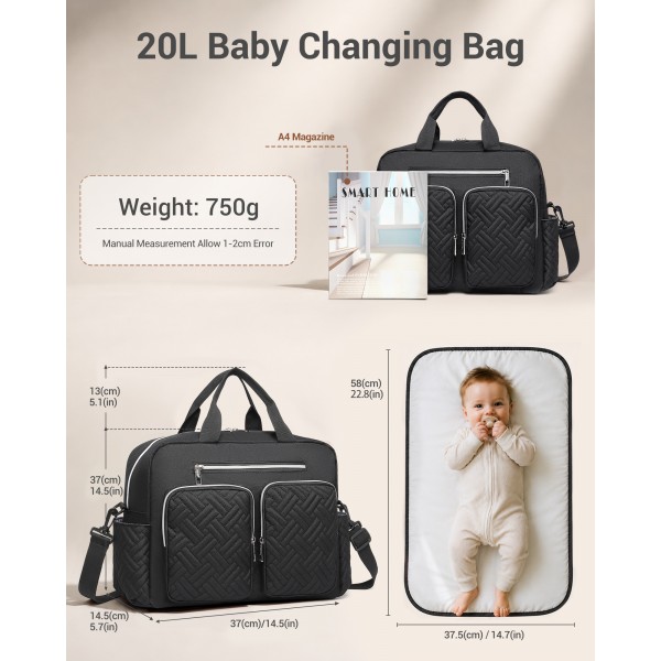 EQ2411 - Kono Versatile Diaper Changing Tote Bag with Built-In Changing Mat Thermal Insulation Waterproof Design - Black