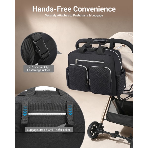 EQ2411 - Kono Versatile Diaper Changing Tote Bag with Built-In Changing Mat Thermal Insulation Waterproof Design - Black