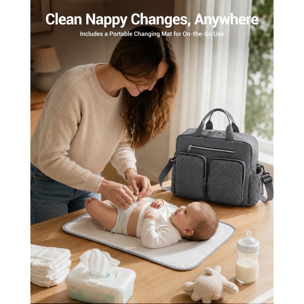 EQ2411 - Kono Versatile Diaper Changing Tote Bag with Built-In Changing Mat Thermal Insulation Waterproof Design - Dark Grey
