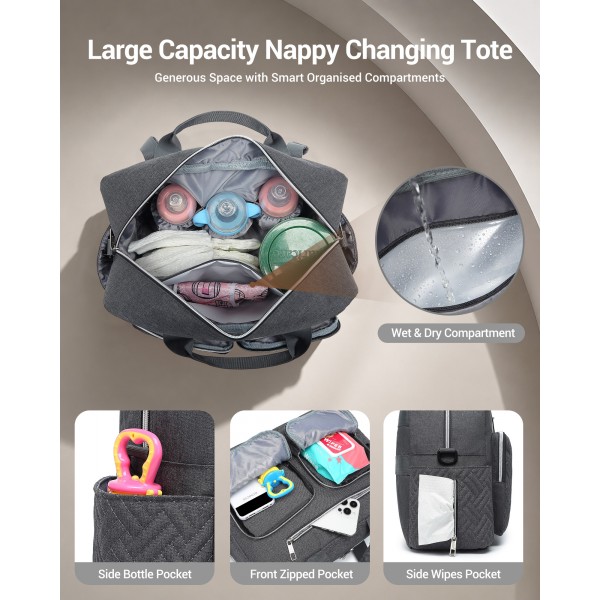 EQ2411 - Kono Versatile Diaper Changing Tote Bag with Built-In Changing Mat Thermal Insulation Waterproof Design - Dark Grey