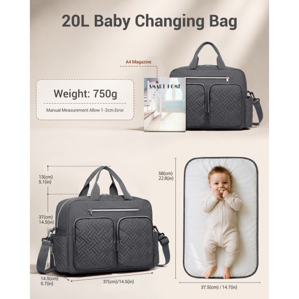 EQ2411 - Kono Versatile Diaper Changing Tote Bag with Built-In Changing Mat Thermal Insulation Waterproof Design - Dark Grey