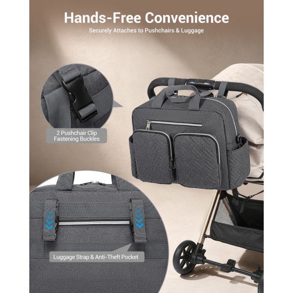 EQ2411 - Kono Versatile Diaper Changing Tote Bag with Built-In Changing Mat Thermal Insulation Waterproof Design - Dark Grey