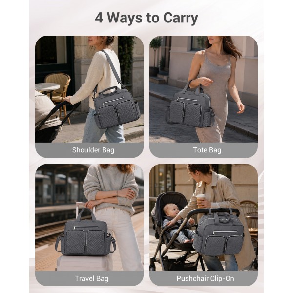 EQ2411 - Kono Versatile Diaper Changing Tote Bag with Built-In Changing Mat Thermal Insulation Waterproof Design - Dark Grey