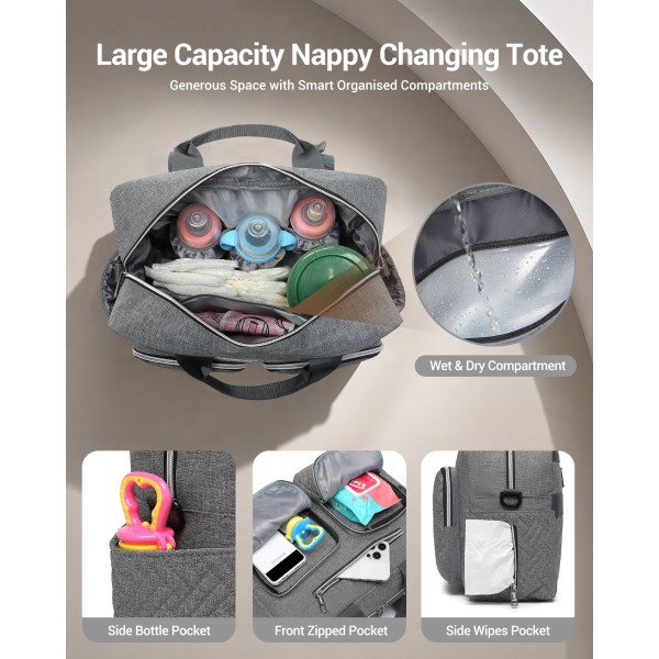 EQ2411 - Kono Versatile Diaper Changing Tote Bag with Built-In Changing Mat Thermal Insulation Waterproof Design - Grey