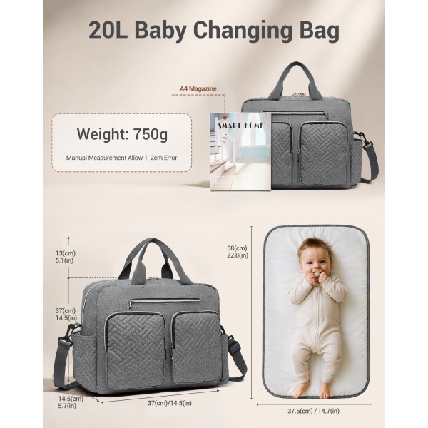 EQ2411 - Kono Versatile Diaper Changing Tote Bag with Built-In Changing Mat Thermal Insulation Waterproof Design - Grey