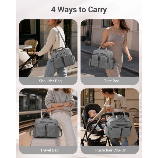 EQ2411 - Kono Versatile Diaper Changing Tote Bag with Built-In Changing Mat Thermal Insulation Waterproof Design - Grey