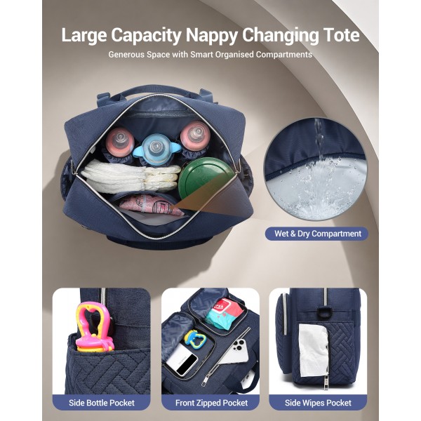 EQ2411 - Kono Versatile Diaper Changing Tote Bag with Built-In Changing Mat Thermal Insulation Waterproof Design - Navy