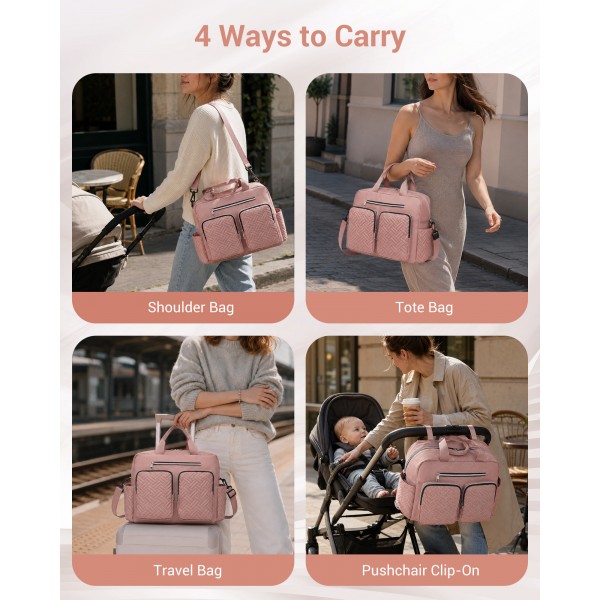 EQ2411 - Kono Versatile Diaper Changing Tote Bag with Built-In Changing Mat Thermal Insulation Waterproof Design - Pink