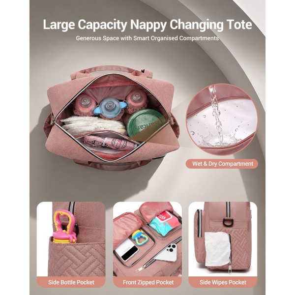 EQ2411 - Kono Versatile Diaper Changing Tote Bag with Built-In Changing Mat Thermal Insulation Waterproof Design - Pink