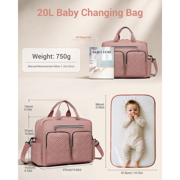 EQ2411 - Kono Versatile Diaper Changing Tote Bag with Built-In Changing Mat Thermal Insulation Waterproof Design - Pink