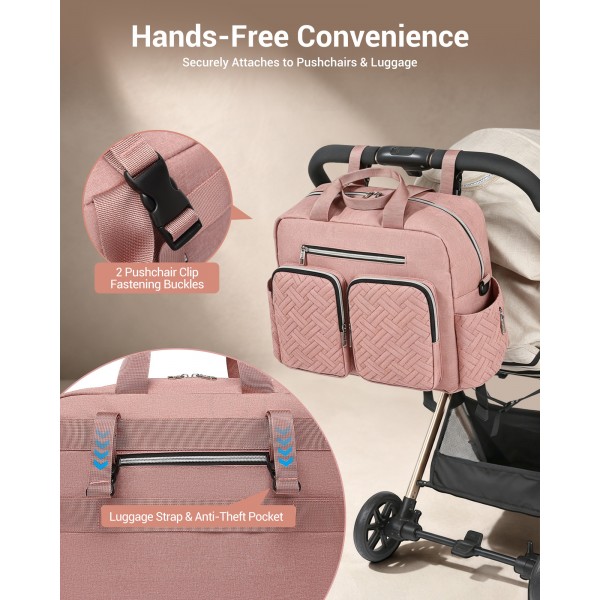 EQ2411 - Kono Versatile Diaper Changing Tote Bag with Built-In Changing Mat Thermal Insulation Waterproof Design - Pink