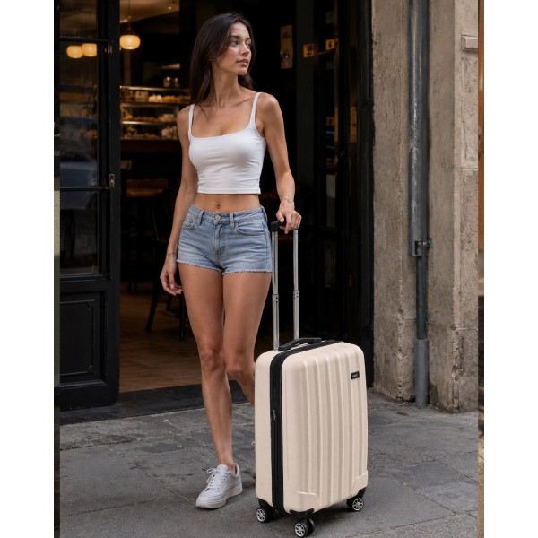 K1773-1L - Kono 19 Inch Cabin Size ABS+PC Hard Shell Luggage with Vertical Stripes - Ideal for Carry-On - Beige