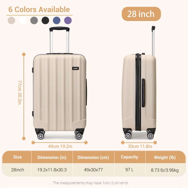 K1773-1L - Kono 28 Inch Striped ABS+PC Hard Shell Luggage with 360-Degree Spinner Wheels - Beige