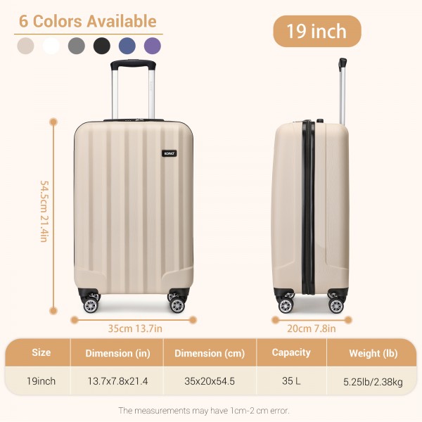 K1773-1L - Kono 19 Inch Cabin Size ABS+PC Hard Shell Luggage with Vertical Stripes - Ideal for Carry-On - Beige