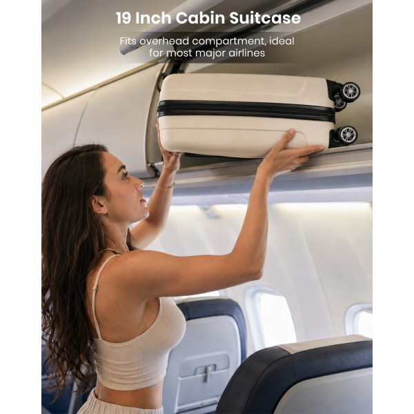 K1773-1L - Kono 19 Inch Cabin Size ABS+PC Hard Shell Luggage with Vertical Stripes - Ideal for Carry-On - Beige
