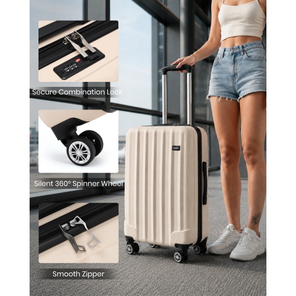 K1773-1L - Kono 24 Zoll Gestreift ABS+PC-Hartschale Reisegepäck mit 360-Grad-Spinner-Rädern - Beige