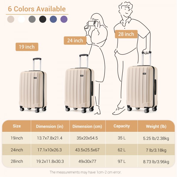 K1773-1L - Kono 19/24/28 Inch 3 Piece Set Striped ABS+PC Hard Shell Luggage with 360-Degree Spinner Wheels - Beige