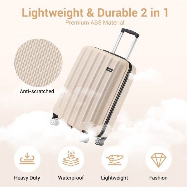 K1773-1L - Kono 19 Inch Cabin Size ABS+PC Hard Shell Luggage with Vertical Stripes - Ideal for Carry-On - Beige