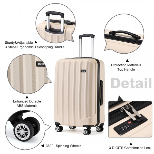K1773-1L - Kono 24 Inch Striped ABS Hard Shell Luggage with 360-Degree Spinner Wheels - Beige