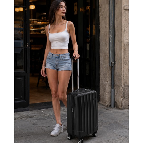 K1773-1L - Kono 19 Inch Cabin Size ABS+PC Hard Shell Luggage with Vertical Stripes - Ideal for Carry-On - Black