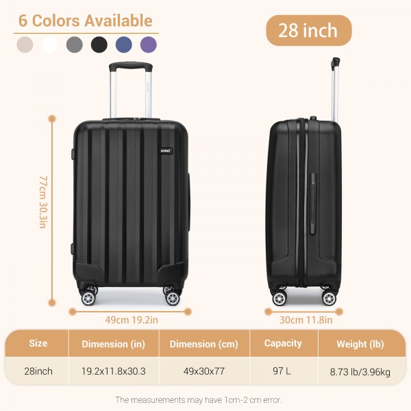 K1773-1L - Kono 28 Zoll Gestreift ABS+PC-Hartschale Reisegepäck mit 360-Grad-Spinner-Rädern - Schwarz