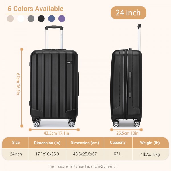 K1773-1L - Kono 24 Zoll Gestreift ABS+PC-Hartschale Reisegepäck mit 360-Grad-Spinner-Rädern - Schwarz