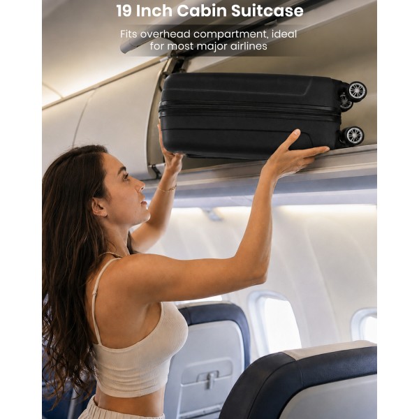 K1773-1L - Kono 19 Inch Cabin Size ABS+PC Hard Shell Luggage with Vertical Stripes - Ideal for Carry-On - Black