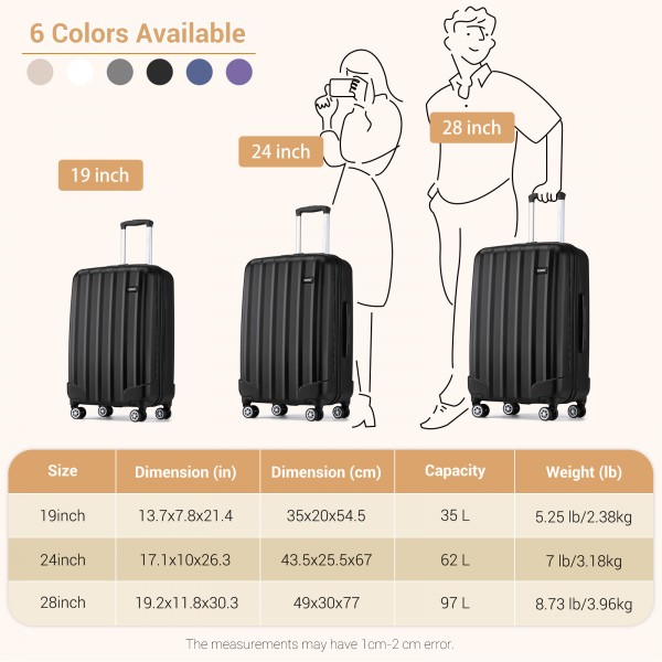 K1773-1L - Kono 19/24/28 Inch 3 Piece Set Striped ABS+PC Hard Shell Luggage with 360-Degree Spinner Wheels - Black