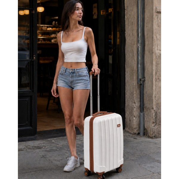 K1773-1L - Kono 19 Inch Cabin Size ABS+PC Hard Shell Luggage with Vertical Stripes - Ideal for Carry-On - Cream
